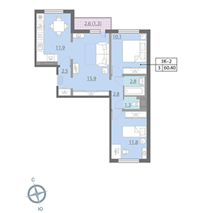 3-комнатная, 60.8 м² — ЖК ЖК Цветной город