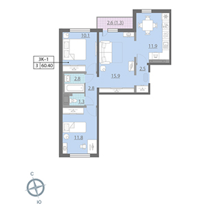 3-комнатная, 60.8 м² — ЖК ЖК Цветной город