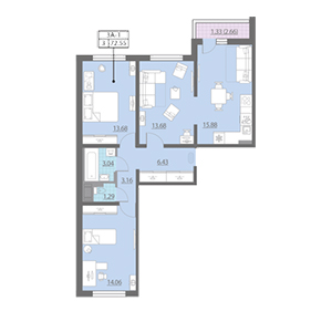 3-комнатная, 58.88 м² — ЖК ЖК Астрид