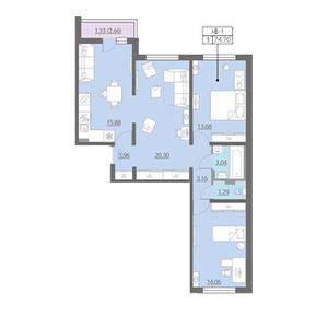 3-комнатная, 74.7 м² — ЖК ЖК Ручьи