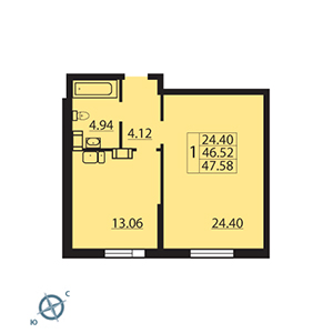 1-комнатная, 46.6 м² — ЖК ЖК Паруса