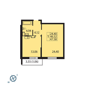 1-комнатная, 47.58 м² — ЖК ЖК Паруса