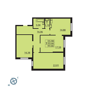 3-комнатная, 91.7 м² — ЖК ЖК Паруса