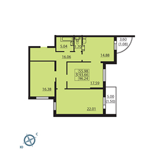 3-комнатная, 94.9 м² — ЖК ЖК Паруса