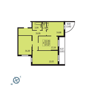 3-комнатная, 96.2 м² — ЖК ЖК Паруса