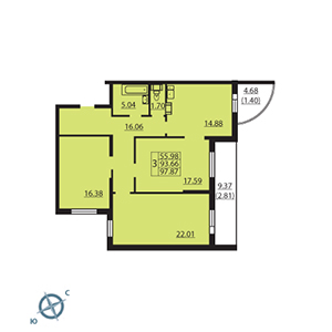 3-комнатная, 96.6 м² — ЖК ЖК Паруса