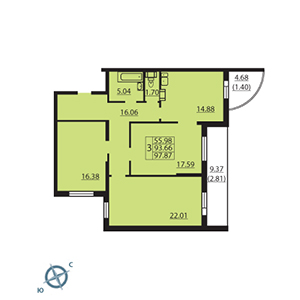 3-комнатная, 96.7 м² — ЖК ЖК Шуваловский