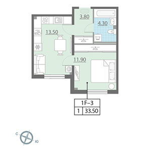 1-комнатная, 33.5 м² — ЖК ЖК Цивилизация