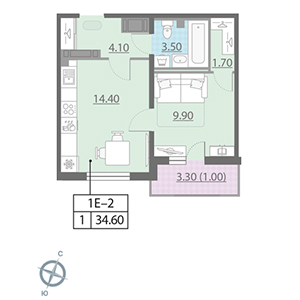 1-комнатная, 34.6 м² — ЖК ЖК Цивилизация