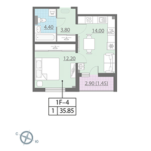 1-комнатная, 35.9 м² — ЖК ЖК Цивилизация