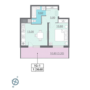 1-комнатная, 36.6 м² — ЖК ЖК ЗемлЯнино
