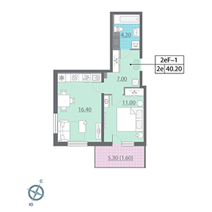 1-комнатная, 40.2 м² — ЖК ЖК Цивилизация