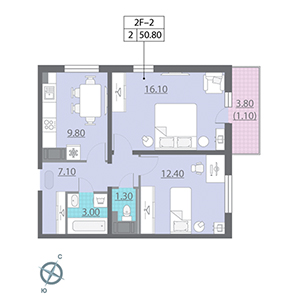 2-комнатная, 50.08 м² — ЖК ЖК Цивилизация