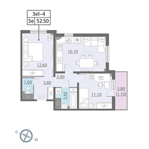 2-комнатная, 52.5 м² — ЖК ЖК Цивилизация