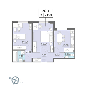 2-комнатная, 53.5 м² — ЖК ЖК Живи В Курортном