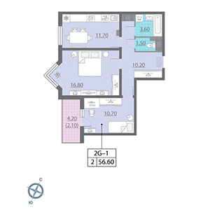 2-комнатная, 56.6 м² — ЖК ЖК Новая охта
