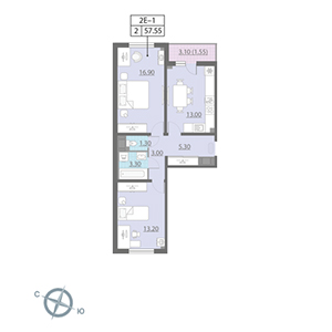 2-комнатная, 57.6 м² — ЖК ЖК Новая охта
