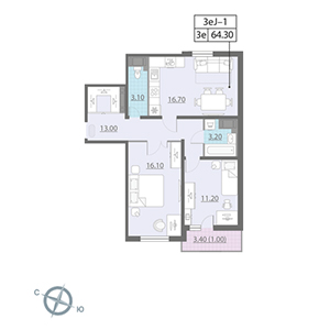 2-комнатная, 64.3 м² — ЖК ЖК Цивилизация