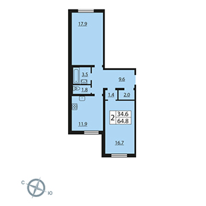 2-комнатная, 64.8 м² — ЖК ЖК Цивилизация