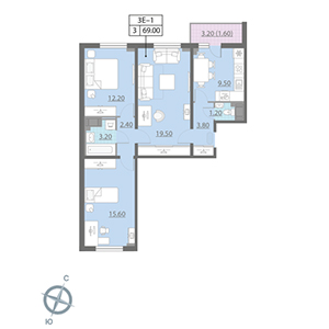 3-комнатная, 69 м² — ЖК ЖК Цивилизация