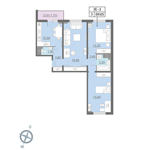 3-комнатная, 69.7 м² — ЖК ЖК Цивилизация