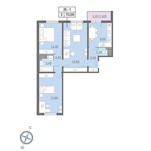 3-комнатная, 70 м² — ЖК ЖК Цивилизация
