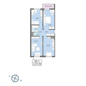 3-комнатная, 71.7 м² — ЖК ЖК Цивилизация