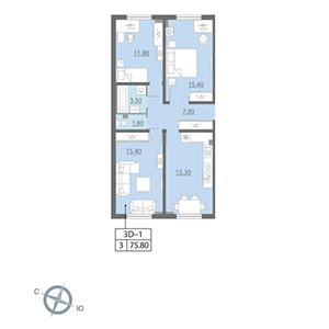 3-комнатная, 73 м² — ЖК ЖК Цивилизация