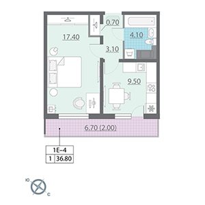 1-комнатная, 36.8 м² — ЖК ЖК Новая охта