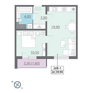 1-комнатная, 39.9 м² — ЖК ЖК Новая охта