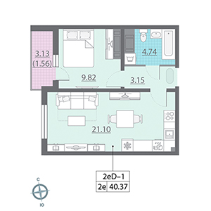 1-комнатная, 40.4 м² — ЖК ЖК Лайф Лесная