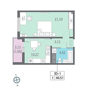 1-комнатная, 40.5 м² — ЖК ЖК Новая охта
