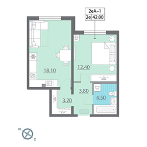 1-комнатная, 42 м² — ЖК ЖК Новая охта