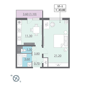 1-комнатная, 43 м² — ЖК ЖК Лайф Лесная