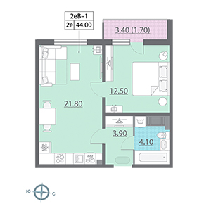1-комнатная, 44 м² — ЖК ЖК Новая охта