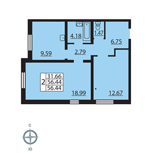 2-комнатная, 56.5 м² — ЖК ЖК Шуваловский