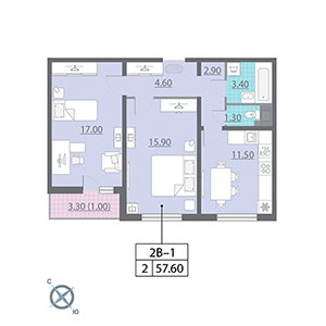 2-комнатная, 57.6 м² — ЖК ЖК Новая охта