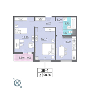 2-комнатная, 58.3 м² — ЖК ЖК Новая охта