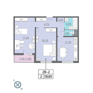 2-комнатная, 58.8 м² — ЖК ЖК Новая охта