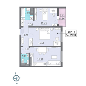 2-комнатная, 59.4 м² — ЖК ЖК ЭкоСити