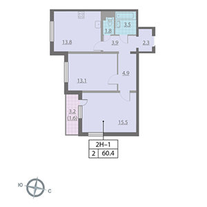2-комнатная, 60.4 м² — ЖК ЖК Дом на набережной