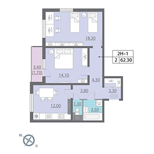 2-комнатная, 62.3 м² — ЖК ЖК Новая охта