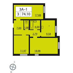 3-комнатная, 74.1 м² — ЖК ЖК Ультра Сити