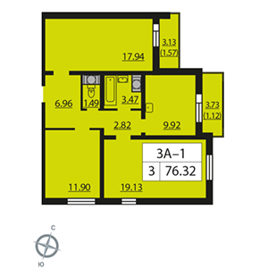 3-комнатная, 76.3 м² — ЖК ЖК Новая охта
