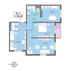 3-комнатная, 80 м² — ЖК ЖК Новая охта
