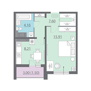 1-комнатная, 37.4 м² — ЖК ЖК Шуваловский