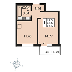 1-комнатная, 34.3 м² — ЖК ЖК Звездный дуэт