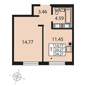 1-комнатная, 34.3 м² — ЖК ЖК Звездный дуэт