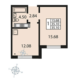 1-комнатная, 35.7 м² — ЖК ЖК Звездный дуэт