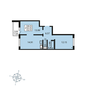 2-комнатная, 52.8 м² — ЖК ЖК Звездный дуэт
